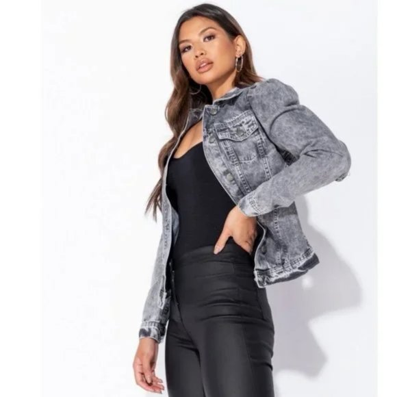 Gray Acid Wash Distressed Denim Jeans Long Puff Sleeve Jacket - Picture 3 of 9